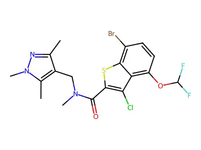 7-bromo-3-chloro-4-(difluoromethoxy)-N-methyl-N-[(1,3,5-trimethyl-1H-pyrazol-4-yl)methyl]-1-benzothiophene-2-carboxamide structure
