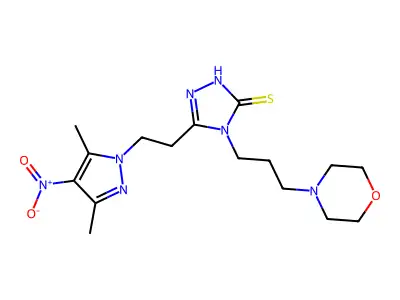 3-[2-(3,5-dimethyl-4-nitropyrazol-1-yl)ethyl]-4-(3-morpholin-4-ylpropyl)-1H-1,2,4-triazole-5-thione structure