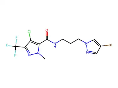 N-[3-(4-bromo-1H-pyrazol-1-yl)propyl]-4-chloro-1-methyl-3-(trifluoromethyl)-1H-pyrazole-5-carboxamide structure
