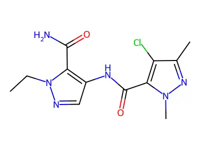 N-(5-carbamoyl-1-ethylpyrazol-4-yl)-4-chloro-2,5-dimethylpyrazole-3-carboxamide structure