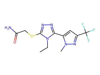 2-[[4-ethyl-5-[2-methyl-5-(trifluoromethyl)pyrazol-3-yl]-1,2,4-triazol-3-yl]sulfanyl]acetamide structure
