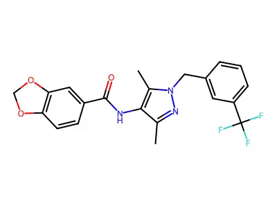 N-[3,5-dimethyl-1-[[3-(trifluoromethyl)phenyl]methyl]pyrazol-4-yl]-1,3-benzodioxole-5-carboxamide structure
