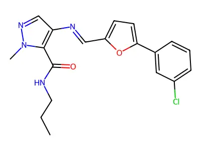 4-[[5-(3-chlorophenyl)-2-furyl]methylideneamino]-2-methyl-N-propyl-pyrazole-3-carboxamide structure
