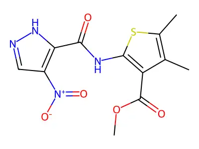 methyl 4,5-dimethyl-2-(4-nitro-1H-pyrazole-3-carboxamido)thiophene-3-carboxylate structure