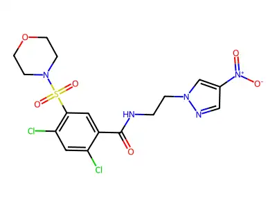 2,4-dichloro-5-morpholin-4-ylsulfonyl-N-[2-(4-nitropyrazol-1-yl)ethyl]benzamide structure
