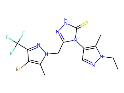 3-[[4-bromo-5-methyl-3-(trifluoromethyl)pyrazol-1-yl]methyl]-4-(1-ethyl-5-methylpyrazol-4-yl)-1H-1,2,4-triazole-5-thione structure
