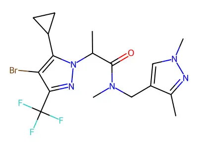 2-[4-bromo-5-cyclopropyl-3-(trifluoromethyl)-1H-pyrazol-1-yl]-N-[(1,3-dimethyl-1H-pyrazol-4-yl)methyl]-N-methylpropanamide structure
