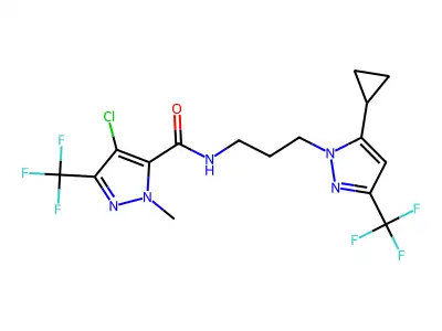 4-chloro-N-[3-[5-cyclopropyl-3-(trifluoromethyl)pyrazol-1-yl]propyl]-2-methyl-5-(trifluoromethyl)pyrazole-3-carboxamide structure