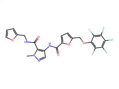 N-(furan-2-ylmethyl)-2-methyl-4-[[5-[(2,3,4,5,6-pentafluorophenoxy)methyl]furan-2-carbonyl]amino]pyrazole-3-carboxamide structure