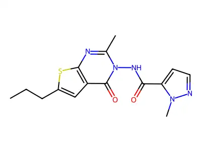2-methyl-N-(2-methyl-4-oxo-6-propylthieno[2,3-d]pyrimidin-3-yl)pyrazole-3-carboxamide structure