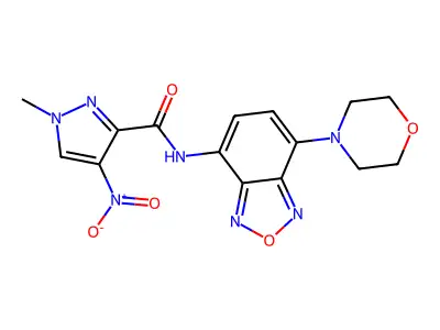 1-methyl-N-(4-morpholin-4-yl-2,1,3-benzoxadiazol-7-yl)-4-nitropyrazole-3-carboxamide structure