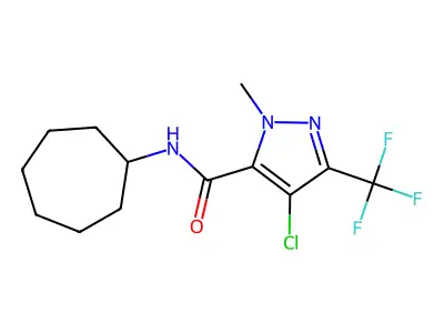 4-chloro-N-cycloheptyl-2-methyl-5-(trifluoromethyl)pyrazole-3-carboxamide structure
