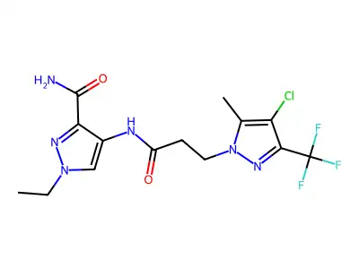 4-({3-[4-chloro-5-methyl-3-(trifluoromethyl)-1H-pyrazol-1-yl]propanoyl}amino)-1-ethyl-1H-pyrazole-3-carboxamide structure