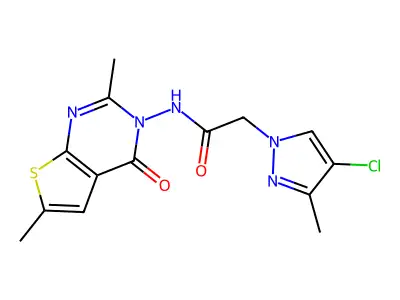 2-(4-chloro-3-methylpyrazol-1-yl)-N-(2,6-dimethyl-4-oxothieno[2,3-d]pyrimidin-3-yl)acetamide structure