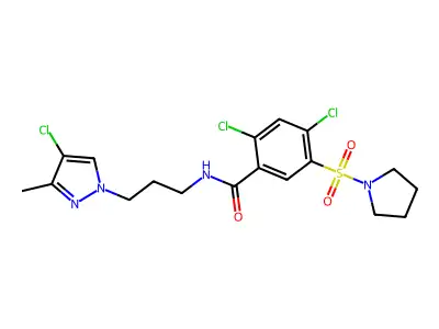 2,4-dichloro-N-[3-(4-chloro-3-methylpyrazol-1-yl)propyl]-5-pyrrolidin-1-ylsulfonylbenzamide structure