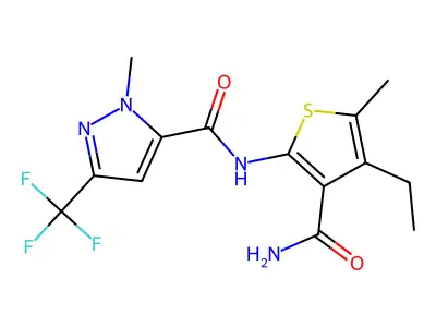 N-(3-carbamoyl-4-ethyl-5-methylthiophen-2-yl)-2-methyl-5-(trifluoromethyl)pyrazole-3-carboxamide structure