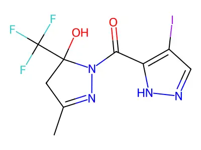 [5-hydroxy-3-methyl-5-(trifluoromethyl)-4H-pyrazol-1-yl]-(4-iodo-1H-pyrazol-5-yl)methanone structure