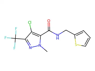 4-chloro-2-methyl-N-(thiophen-2-ylmethyl)-5-(trifluoromethyl)pyrazole-3-carboxamide structure