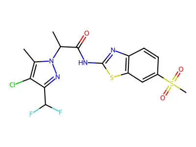 2-[4-chloro-3-(difluoromethyl)-5-methylpyrazol-1-yl]-N-(6-methylsulfonyl-1,3-benzothiazol-2-yl)propanamide structure