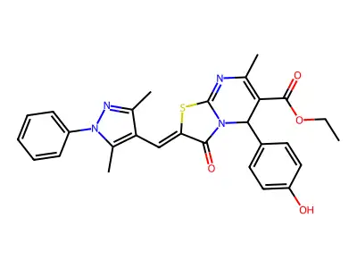 Ethyl 2-[(3,5-dimethyl-1-phenyl-1H-pyrazol-4-yl)methylene]-2,3-dihydro-5-(4-hydroxyphenyl)-7-methyl-3-oxo-5H-thiazolo[3,2-a]pyrimidine-6-carboxylate structure