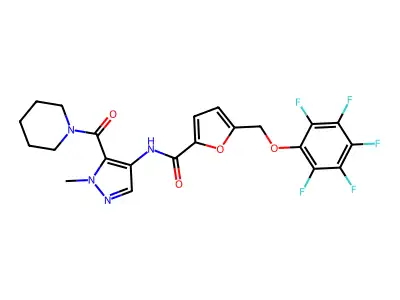 N-[1-methyl-5-(piperidine-1-carbonyl)pyrazol-4-yl]-5-[(2,3,4,5,6-pentafluorophenoxy)methyl]furan-2-carboxamide structure