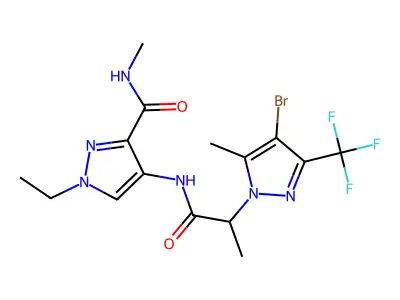 4-({2-[4-bromo-5-methyl-3-(trifluoromethyl)-1H-pyrazol-1-yl]propanoyl}amino)-1-ethyl-N-methyl-1H-pyrazole-3-carboxamide structure