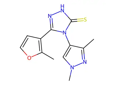 4-(1,3-dimethylpyrazol-4-yl)-3-(2-methylfuran-3-yl)-1H-1,2,4-triazole-5-thione structure