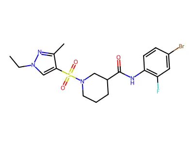 N-(4-bromo-2-fluorophenyl)-1-(1-ethyl-3-methylpyrazol-4-yl)sulfonylpiperidine-3-carboxamide structure