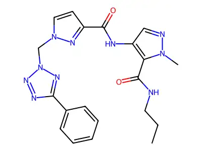 2-methyl-4-[[1-[(5-phenyltetrazol-2-yl)methyl]pyrazole-3-carbonyl]amino]-N-propylpyrazole-3-carboxamide structure