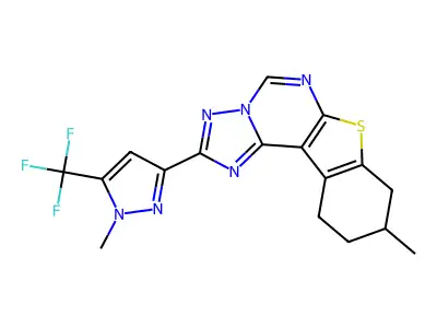 9-methyl-2-[1-methyl-5-(trifluoromethyl)-1H-pyrazol-3-yl]-8,9,10,11-tetrahydro[1]benzothieno[3,2-e][1,2,4]triazolo[1,5-c]pyrimidine structure