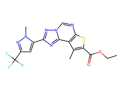 ethyl 9-methyl-2-[1-methyl-3-(trifluoromethyl)-1H-pyrazol-5-yl]thieno[3,2-e][1,2,4]triazolo[1,5-c]pyrimidine-8-carboxylate structure