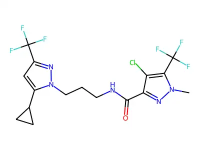 4-chloro-N-[3-[5-cyclopropyl-3-(trifluoromethyl)pyrazol-1-yl]propyl]-1-methyl-5-(trifluoromethyl)pyrazole-3-carboxamide structure