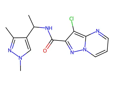 3-chloro-N-[1-(1,3-dimethyl-1H-pyrazol-4-yl)ethyl]pyrazolo[1,5-a]pyrimidine-2-carboxamide structure