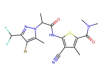 5-[2-[4-bromo-3-(difluoromethyl)-5-methylpyrazol-1-yl]propanoylamino]-4-cyano-N,N,3-trimethylthiophene-2-carboxamide structure