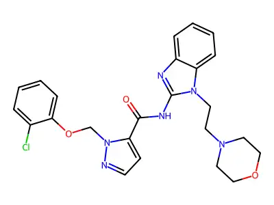 2-[(2-chlorophenoxy)methyl]-N-[1-(2-morpholin-4-ylethyl)benzimidazol-2-yl]pyrazole-3-carboxamide structure