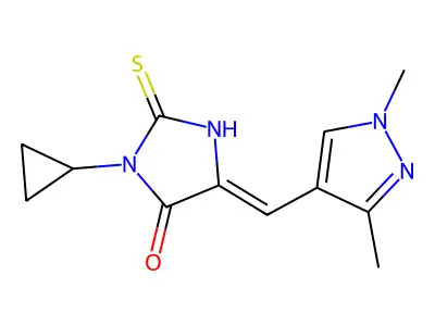 (Z)-3-Cyclopropyl-5-((1,3-dimethyl-1H-pyrazol-4-yl)methylene)-2-thioxoimidazolidin-4-one structure