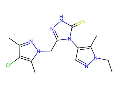 3-[(4-chloro-3,5-dimethylpyrazol-1-yl)methyl]-4-(1-ethyl-5-methylpyrazol-4-yl)-1H-1,2,4-triazole-5-thione structure
