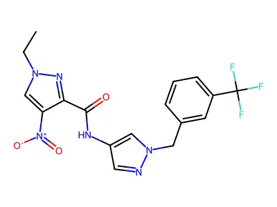 1-ethyl-4-nitro-N-[1-[[3-(trifluoromethyl)phenyl]methyl]pyrazol-4-yl]pyrazole-3-carboxamide structure