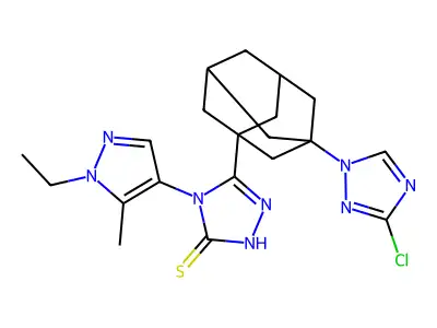 3-[3-(3-chloro-1,2,4-triazol-1-yl)-1-adamantyl]-4-(1-ethyl-5-methylpyrazol-4-yl)-1H-1,2,4-triazole-5-thione structure