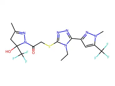 2-[[4-ethyl-5-[1-methyl-5-(trifluoromethyl)pyrazol-3-yl]-1,2,4-triazol-3-yl]sulfanyl]-1-[5-hydroxy-3-methyl-5-(trifluoromethyl)-4H-pyrazol-1-yl]ethanone structure