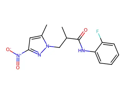 N-(2-fluorophenyl)-2-methyl-3-(5-methyl-3-nitropyrazol-1-yl)propanamide structure