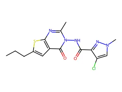 4-chloro-1-methyl-N-(2-methyl-4-oxo-6-propylthieno[2,3-d]pyrimidin-3-yl)pyrazole-3-carboxamide structure