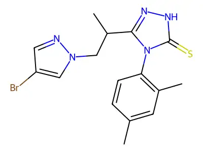 3-[1-(4-bromopyrazol-1-yl)propan-2-yl]-4-(2,4-dimethylphenyl)-1H-1,2,4-triazole-5-thione structure