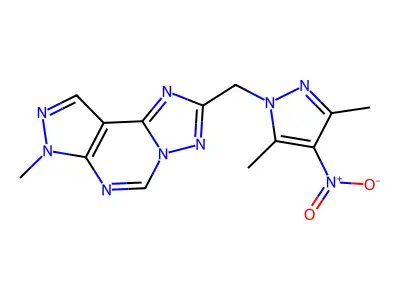 2-[(3,5-dimethyl-4-nitro-1H-pyrazol-1-yl)methyl]-7-methyl-7H-pyrazolo[4,3-e][1,2,4]triazolo[1,5-c]pyrimidine structure