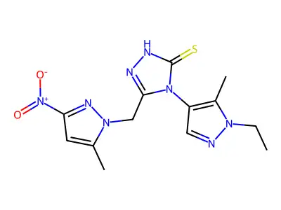 4-(1-ethyl-5-methylpyrazol-4-yl)-3-[(5-methyl-3-nitropyrazol-1-yl)methyl]-1H-1,2,4-triazole-5-thione structure