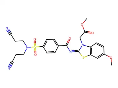 (Z)-methyl 2-(2-((4-(N,N-bis(2-cyanoethyl)sulfamoyl)benzoyl)imino)-6-methoxybenzo[d]thiazol-3(2H)-yl)acetate structure