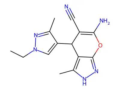 6-amino-4-(1-ethyl-3-methyl-1H-pyrazol-4-yl)-3-methyl-1,4-dihydropyrano[2,3-c]pyrazole-5-carbonitrile structure