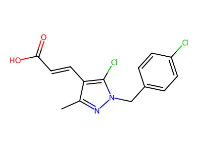 (2E)-3-{5-chloro-1-[(4-chlorophenyl)methyl]-3-methyl-1H-pyrazol-4-yl}prop-2-enoic acid structure