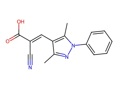 (E)-2-cyano-3-(3,5-dimethyl-1-phenylpyrazol-4-yl)prop-2-enoic acid structure