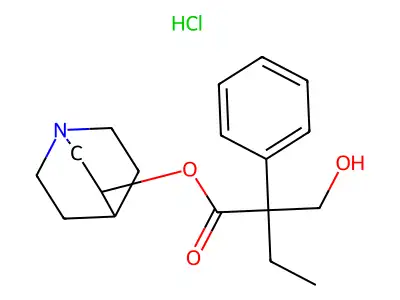 1-Azoniabicyclo[2.2.2]octan-3-yl 2-(hydroxymethyl)-2-phenylbutanoate chloride structure